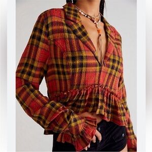 We The Free Red Yellow Plaid Button-Down Ruffle Hem Shirt